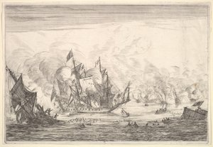 Seeschlacht mit einem englischen Schiff, das links untergeht, aus Seeschlachten Nieuwe Sc..., 1652-54