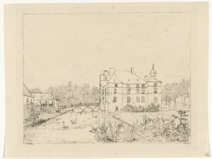 Seitenansicht von Schloss de Cannenburch mit Häusern bei der Zugangsbrücke von Reinierus Albertus Ludovicus baron van Isendoorn à Blois