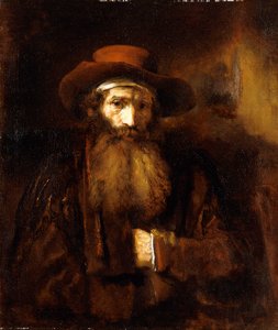 Ein bärtiger alter Mann, der einen braunen Mantel und einen rostfarbenen Hut trägt, 1651