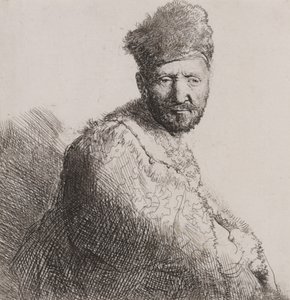 Bärtiger Mann in pelzbesetzter orientalischer Mütze und Robe