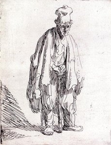 Bettler mit hoher Mütze stehend von Rembrandt Harmensz. van Rijn