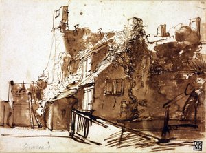 Bauernhaus im Sonnenlicht - Rembrandt van Rhijn (1606-1669) - 1635-1636 - Feder, Pinsel, braune Farbe auf Papier - 16,4x22,3 cm - Szépművészeti Múzeum, Budapest von Rembrandt Harmensz. van Rijn