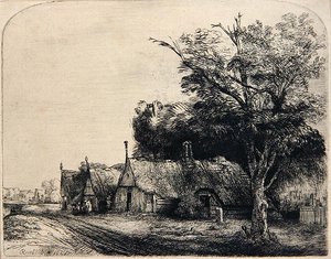 Landschaft mit drei Hütten