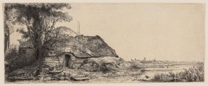 Landschaft mit Hütte und großem Baum