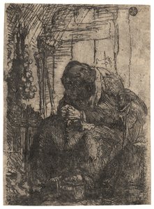 Alte Frau sitzt in einer Hütte mit einer Zwiebelkette an der Wand, um 1629 (Radierung) von Rembrandt Harmensz. van Rijn