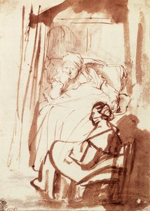 Saskia im Bett liegend, eine Frau sitzt an ihren Füßen von Rembrandt Harmensz. van Rijn