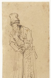 Alter Mann, der auf einem Stock lehnt von Rembrandt van Rijn (school of)
