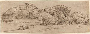 Landschaft mit Bauernhäusern zwischen Bäumen von Rembrandt van Rijn