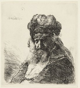 Bärtiger alter Mann mit hoher Pelzmütze, mit geschlossenen Augen von Rembrandt van Rijn