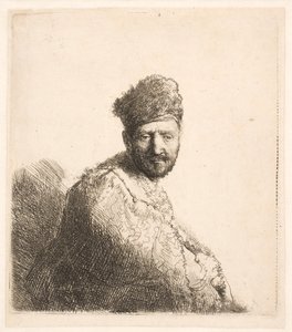 Bärtiger Mann (Rembrandts Vater?) in pelzbesetzter orientalischer Mütze und Robe: Halbfigur von Rembrandt van Rijn