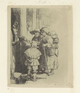 Bedelende familie ontvangt een aalmoes aan de deur van een huis von Rembrandt van Rijn