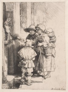 Bettler erhalten Almosen an der Tür eines Hauses von Rembrandt van Rijn