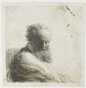 Büste eines alten bärtigen Mannes, der nach unten schaut, drei Viertel rechts von Rembrandt van Rijn
