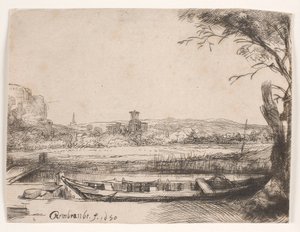 Kanal mit großem Boot und Brücke von Rembrandt van Rijn