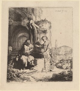 Christus und die Frau von Samaria unter Ruinen