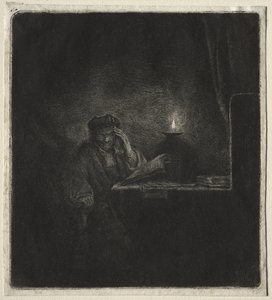 Kopie von Student an einem Tisch bei Kerzenlicht von Rembrandt van Rijn