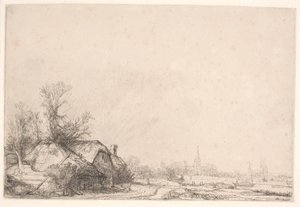 Häuser an einem Kanal: mit Kirche und Segelboot