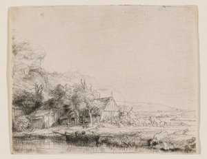Landschaft mit einer Kuh, die trinkt von Rembrandt van Rijn