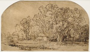 Landschaft mit Hütten unter hohen Bäumen ("Der Windstoß")
