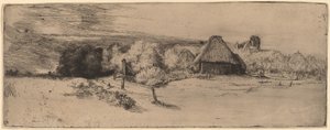 Landschaft mit Bäumen, Bauernhäusern und einem Turm