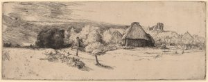 Landschaft mit Bäumen, Bauernhäusern und einem Turm