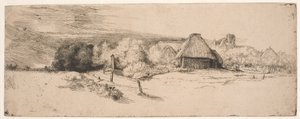 Landschaft mit Bäumen, Bauernhäusern und einem Turm von Rembrandt van Rijn