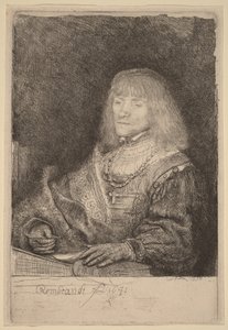 Mann an einem Schreibtisch mit Kreuz und Kette von Rembrandt van Rijn
