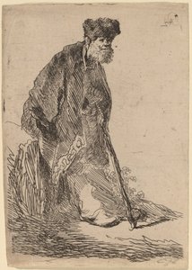 Mann in einem Mantel und Pelzmütze, der sich gegen eine Bank lehnt von Rembrandt van Rijn