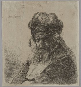 Alter bärtiger Mann mit hoher Pelzmütze, mit geschlossenen Augen von Rembrandt van Rijn