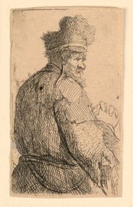 Alter Mann von hinten gesehen, Profil nach rechts: Halbfigur