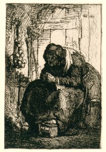 Alte Frau sitzt in einer Hütte, mit einer Zwiebelkette an der Wand von Rembrandt van Rijn