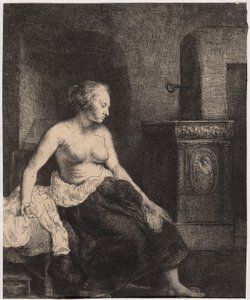 Halbnackte Frau, die am Ofen sitzt von Rembrandt van Rijn