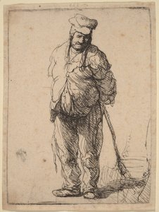 Zerlumpter Bauer mit hinter dem Rücken gehaltenem Stock von Rembrandt van Rijn