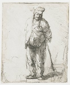 Zerlumpter Bauer mit hinter dem Rücken verschränkten Händen, einen Stock haltend von Rembrandt van Rijn