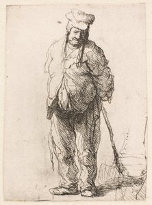 Zerlumpter Bauer mit hinter dem Rücken gehaltenem Stock von Rembrandt van Rijn