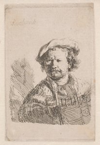Rembrandt mit flacher Mütze und einem Schal um die Schultern
