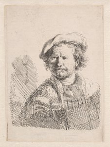 Rembrandt mit einer flachen Mütze und einem Schal um die Schultern