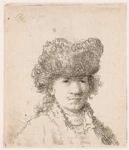 Rembrandt in einer Pelzmütze: das Kleid hell: Büste von Rembrandt van Rijn