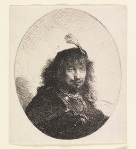 Rembrandt mit Federhut und gesenktem Säbel