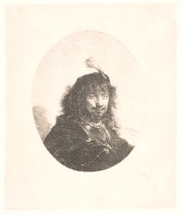 Rembrandt mit Federhut und gesenktem Säbel: Dreiviertellänge: danach Büste im Oval von Rembrandt van Rijn