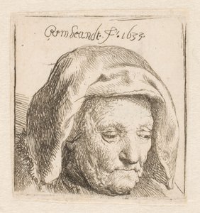 Rembrandts Mutter in einer Stoffhaube, nach unten blickend: nur Kopf von Rembrandt van Rijn