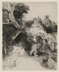 Der heilige Hieronymus liest in einer italienischen Landschaft von Rembrandt van Rijn