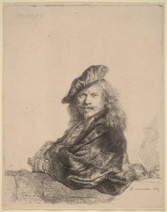 Selbstporträt, auf einen Steinsims gelehnt von Rembrandt van Rijn