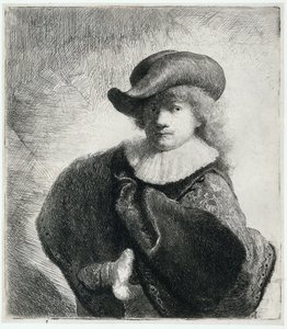 Selbstporträt mit weichem Hut und besticktem Umhang von Rembrandt van Rijn