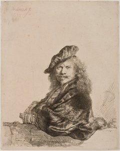 Selbstporträt, das sich auf ein Fensterbrett lehnt, 1639 (Radierung und Kaltnadel) von Rembrandt van Rijn