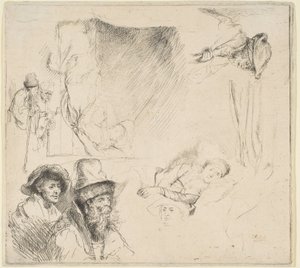 Blatt mit Studien einer im Bett liegenden kranken Frau, etc., ca. 1641-42 von Rembrandt van Rijn