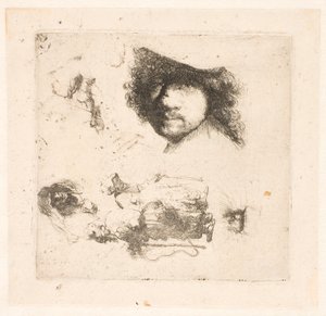 Blatt mit Studien: Kopf von Rembrandt, Bettlerpaar, Köpfe eines alten Mannes und einer alten Frau, usw. von Rembrandt van Rijn