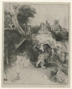 Der heilige Hieronymus liest in einer italienischen Landschaft von Rembrandt van Rijn