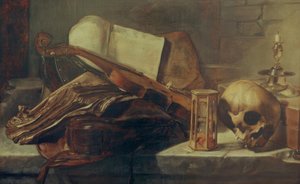 Stilleben mit Büchern, Violine, Totenschädel und Sanduhr von Rembrandt van Rijn