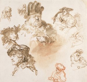 Studien von alten Männerköpfen und drei Frauen mit Kindern, ca. 1635-36